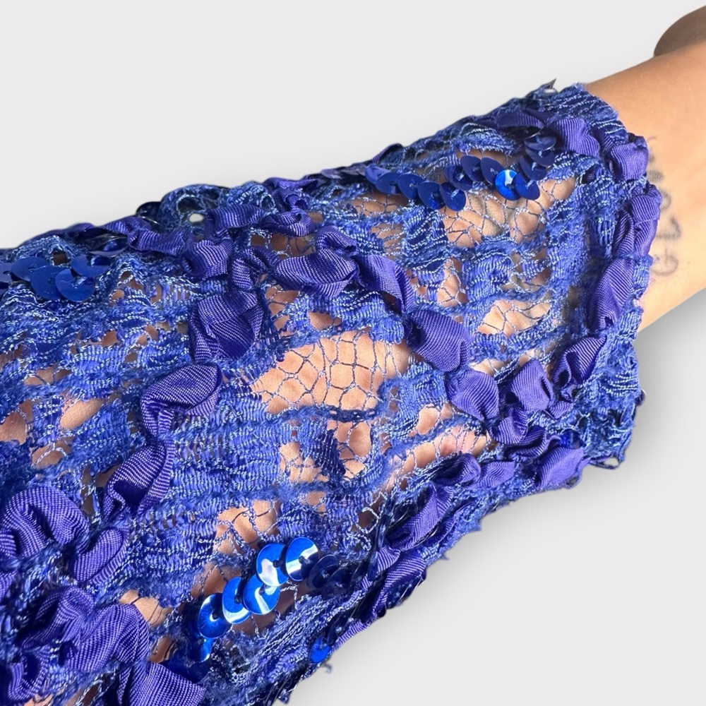 Vintage 1980s Cobalt Blue & Purple, Sequin, Ruffle, Double Breasted Blazer - Picture 4 of 8